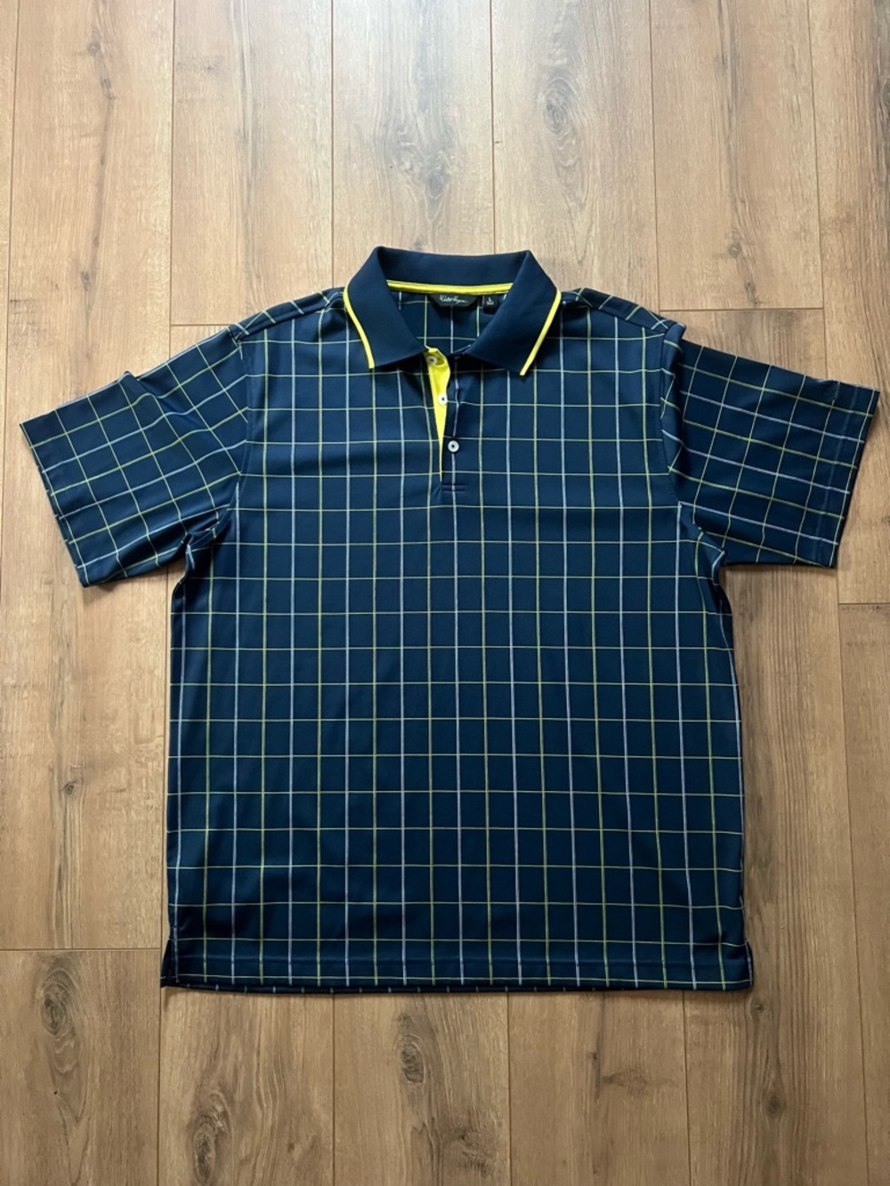 Walter Hagen Navy Grid Golf Polo with Yellow Grid and Trim
